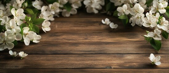 Poster - Lovely blooming branches on a wooden surface. with copy space image. Place for adding text or design