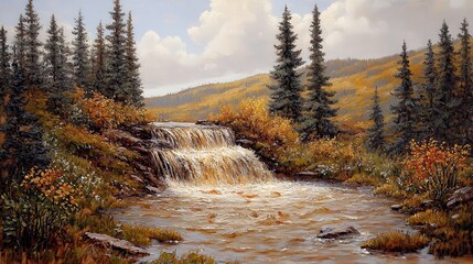 Wall Mural - Tranquil Autumn Waterfall in Forest Landscape with Flowing Stream and Evergreen Trees under Blue Sky and Clouds: Nature Serenity in Scenic Fall Wilderness