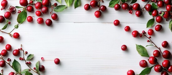 Fototapete - Fresh ripe cranberries and branches on a white wooden table top view Area for text. with copy space image. Place for adding text or design