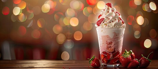 Poster - Strawberry sundae ice cream topped with whipped cream in a glass on a wooden table accompanied by a bokeh background and copyspace