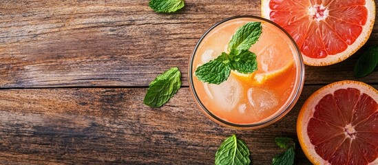 Poster - Glass of a refreshing drink featuring grapefruit and mint on a wooden table top view Copyspace available