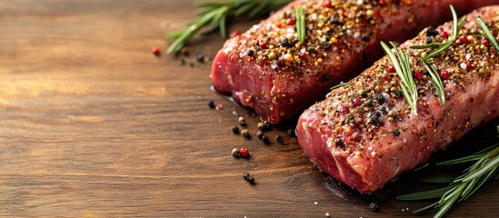 Poster - raw pork tenderloin seasoned with rosemary and pepper on a wooden background meat. with copy space image. Place for adding text or design
