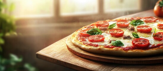 Poster - Comprising a typically round flattened base of leavened wheat dough topped with tomatoes cheese and various other toppings such as anchovies olives meat etc baked at a high temperature