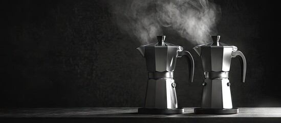 Leinwandbilder - Steam coffee maker on a table Two coffee makers against a black and white background. with copy space image. Place for adding text or design