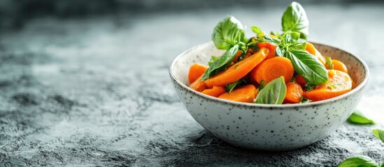 Aufkleber - Carrot salad with basil in a white bowl on a stone or concrete surface Selective focus close up copyspace