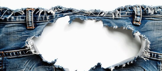 Poster - Close up of a hole in black jeans Torn denim texture with blank space for text Mockup Isolated on a white background Blue denim jeans featuring an aged damaged fabric texture. with copy space image
