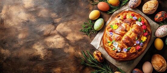 Poster - Easter cake sweet bread panettone decoration baking Easter dessert treat holiday orthodox Christian Easter meal food snack on the table copy space food background top view