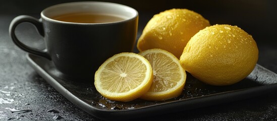 Aufkleber - Fresh ripe lemons with water droplets and a cup of herbal tea containing a lemon slice placed on a black metal tray against a dark stone background Selective focus Space for text