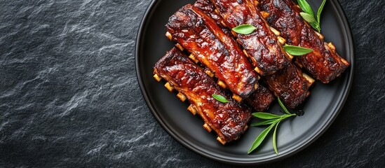 Poster - Close up of spicy grilled spare ribs on a plate resting on a dark stone background with copy space Top view flat lay