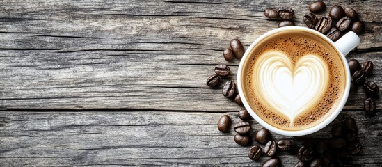 Aufkleber - Cup of latte coffee featuring a heart shape accompanied by coffee beans on a weathered wooden surface. with copy space image. Place for adding text or design
