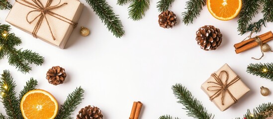 Aufkleber - Christmas gifts pine cones fir branches spruce cookies lights oranges cinnamon snowflakes and festive tinsel on a white background Flat lay top view copy space