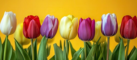 Fototapete - Assorted multicolor tulips Fresh spring flowers in vibrant colors Yellow red purple white blue green Floral background Copy space Flowers for Women s Day or wedding themes