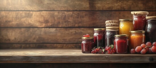 Leinwandbilder - A collection of various jams in glass jars on a rustic wooden backdrop. with copy space image. Place for adding text or design