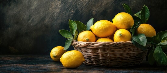 Fototapete - Dramatic studio photograph of lemons in a basket against a dark background. with copy space image. Place for adding text or design