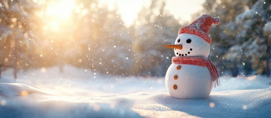 Poster - snowman positioned in the snow. with copy space image. Place for adding text or design