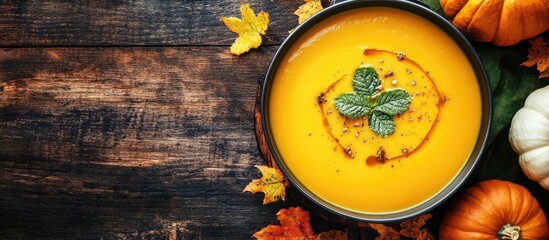 Fototapete - Delicious pumpkin cream soup in a pot on a table. with copy space image. Place for adding text or design