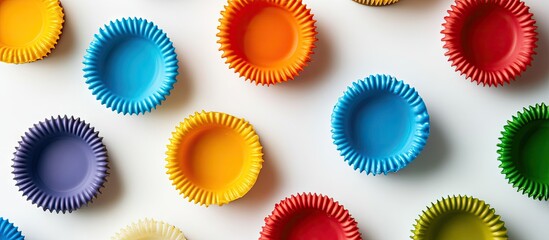 Aufkleber - Multicolored silicone molds for baking cupcakes against a white background top view. with copy space image. Place for adding text or design