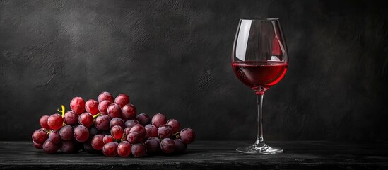 Poster - A side view of a glass of red wine and grapes on a black wooden table. with copy space image. Place for adding text or design