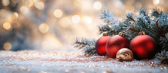 Fototapete - Christmas ornaments featuring red balls and tree branches set against a blurred glitter backdrop copy space