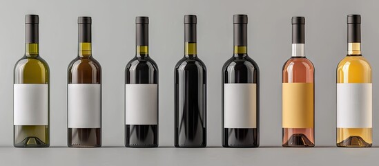 Poster - A collection of wine bottles on a gray background featuring blank labels. with copy space image. Place for adding text or design