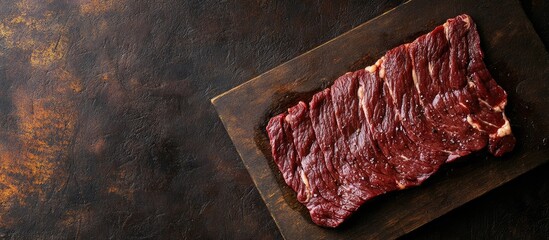 Poster - Raw dry aged wagyu flank steak viewed from above on a cutting board. with copy space image. Place for adding text or design