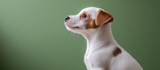Poster - A lovely white Jack Russell Terrier puppy with brown spots is standing and looking sideways in front of a green wall This relates to dog training and preparation for exhibitions celebrating dogs an