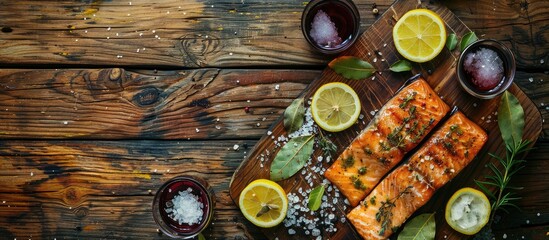 Aufkleber - Cooked salmon with red wine on a wooden surface Lemon slices bay leaves and Himalayan salt Top view Copy space Right oriented