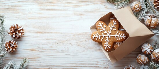 Poster - Beautiful Christmas arrangement and decoration featuring a baked gingerbread cookie in a paper bag on a light wooden background flat lay top view copyspace text space