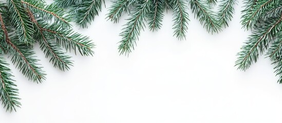 Poster - Christmas or New Year decoration backdrop Fir tree branches on a white background with copyspace Top view