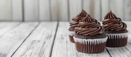 Poster - chocolate cupcakes aged white wooden table. with copy space image. Place for adding text or design