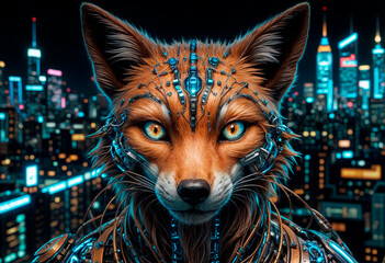 accurate, detailed, close-up of a cybernetic brown fox with a glowing blue eye and exposed circuits on a metallic face, against a neon-lit futuristic cityscape at night - generated by ai