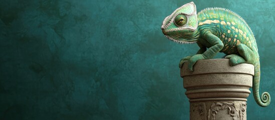 Poster - Chameleon perched on a pillar with a green backdrop. with copy space image. Place for adding text or design