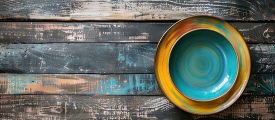 Leinwandbilder - Top view of a vacant colorful plate on a wooden surface Blank space for your design. with copy space image. Place for adding text or design
