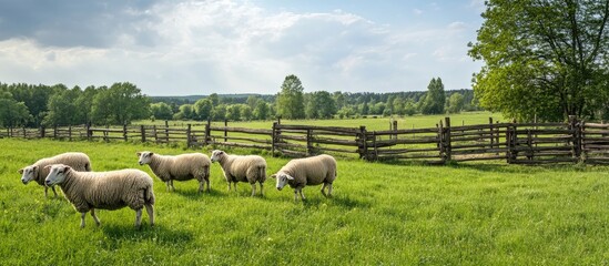 Poster - Sheep grazing in a green pasture close to a wooden corral in the countryside. with copy space image. Place for adding text or design