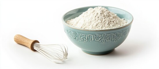 Aufkleber - Light blue mixing bowl with flour set against a white background accompanied by a white and wooden whisk. with copy space image. Place for adding text or design