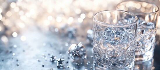 Aufkleber - Banner featuring crystal glasses and star confetti on a silver background. with copy space image. Place for adding text or design