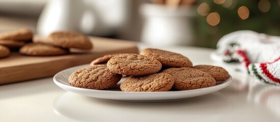 Poster - Freshly baked ginger holiday cookies on a white plate on a white kitchen table accompanied by a wooden cutting board and a towel in white red and green. with copy space image