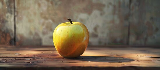 Fototapete - Yellow apple resting on a wooden surface. with copy space image. Place for adding text or design