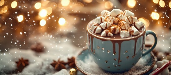 Fototapete - Hot chocolate in a vintage cup topped with marshmallows and spices set against a snowy backdrop with Christmas lights Copy space