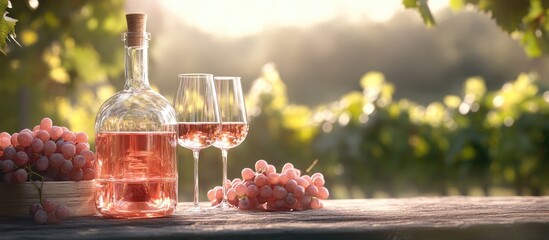 Aufkleber - rose wine in a decanter alongside glasses and grapes set outdoors in the vineyard with space for you
