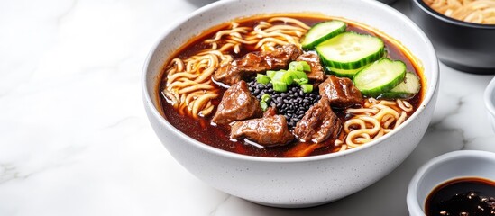 Poster - Jajang Myeon or JJajangmyeon is a Korean noodle dish served with black bean sauce accompanied by cucumber and sesame seeds. with copy space image. Place for adding text or design