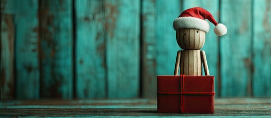 Poster - A wooden figure wearing a Santa hat is holding a gift in a red box. with copy space image. Place for adding text or design