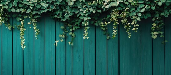 Poster - Green fence adorned with hanging plants Green wood texture Abstract background empty template Copy space