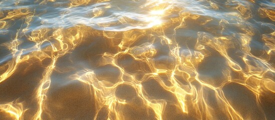 Aufkleber - Texture of rippled blue shallow water surface featuring bright sunlight reflections and a golden sandy bottom Design template for a nature background showcasing the sea and highlights Copyspace for