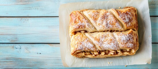 Poster - Homemade apple and almond strudel on baking paper atop a light blue wooden background top view. with copy space image. Place for adding text or design