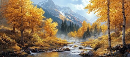 Aufkleber - Autumn leaves in yellow trees and a mountain stream. with copy space image. Place for adding text or design
