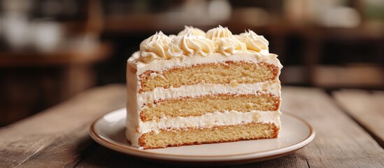 Aufkleber - Whole milk cake with vanilla cream from a pastry shop resting on a wooden surface. with copy space image. Place for adding text or design