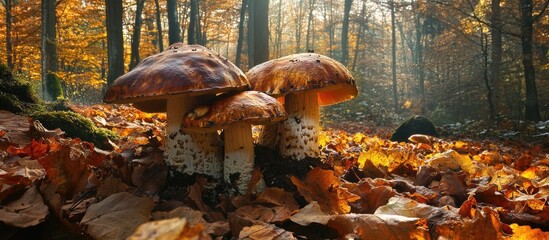 Poster - Large mushrooms in a forest discovered during a mushrooming tour in autumn with brown leaves illuminated by backlight on the ground during mushroom season are tasty but may also be poisonous and haz