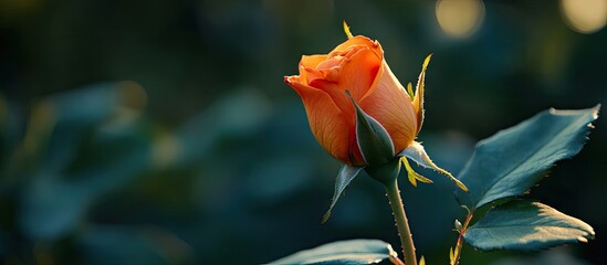 Fototapete - Attractive orange bud of the Westerland rose illuminated by natural sunlight against a dark green backdrop in the garden Vivid orange hue and delightful fragrance Selective focus Nature concept for