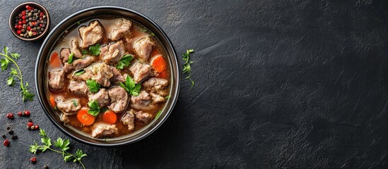 Poster - Bowl of fresh meat soup on a dark background top view. with copy space image. Place for adding text or design